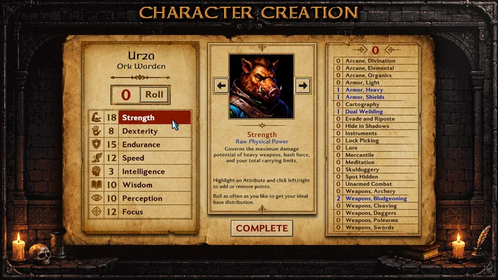 The character creation screen displays attributes, a character portrait, and choices of skills.