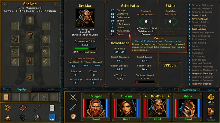 A character level-up screen shows equipment, attributes, skills, resistances, and the party portraits.