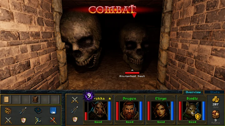 Four adventurers face a pair of floating skulls in a torchlit dungeon during turn-based combat.