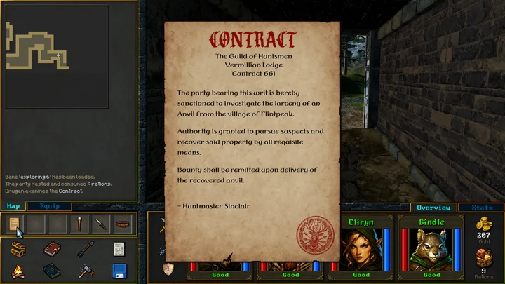A parchment guild contract is displayed over the dungeon view, alongside the map and party portraits.