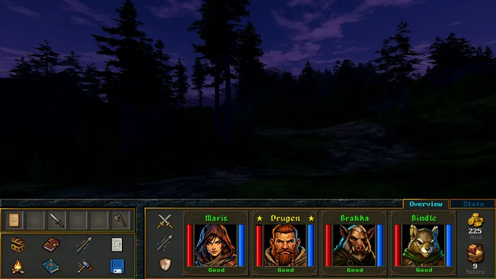 A forest path beneath a purple night sky, with four adventurers visible in the party interface.