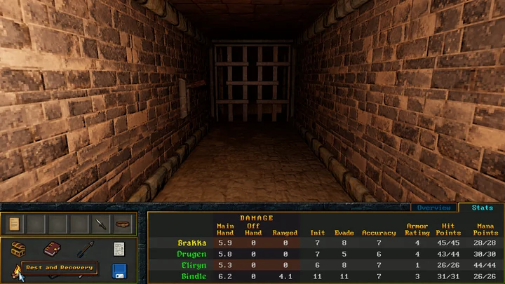 A torchlit brick corridor leads to a barred door, with the party statistics visible below.