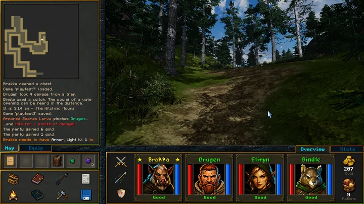 A first-person view along a forest path, with a map and four adventurers in the party interface.