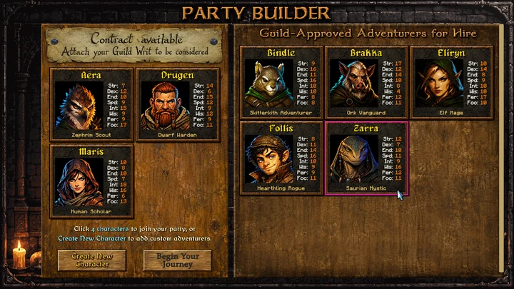 The party builder shows chosen adventurers alongside the guild-approved characters available for hire.